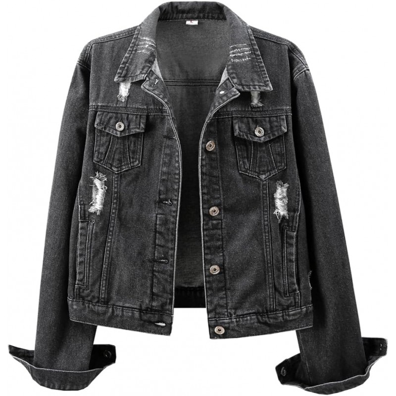 Womens Denim Jackets Distressed Ripped Long Sleeve Jean Jacket Coats