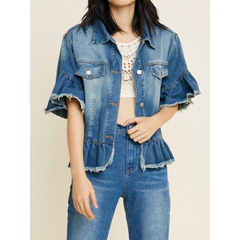 Womens Short Ruffle Trim Sleeves Washed Denim Jacket Button Down Jean Jacket with Ruffle Hem