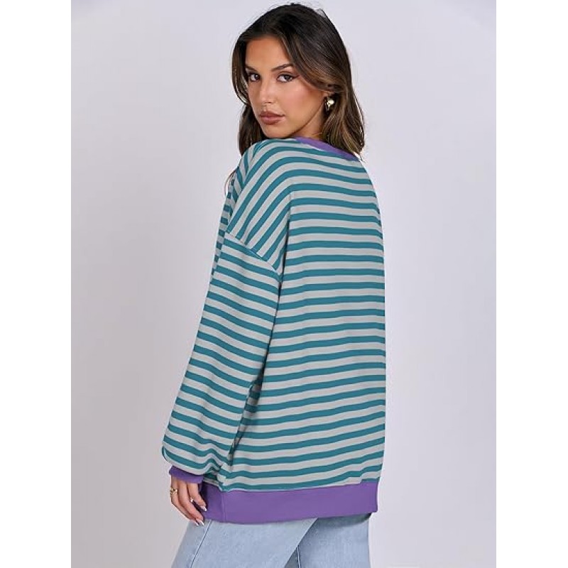 ANRABESS Women Striped Oversized Sweatshirt Long Sleeve Crewneck Hoodies Shirts 2024 Fall Pullover Top Trendy Preppy Clothes