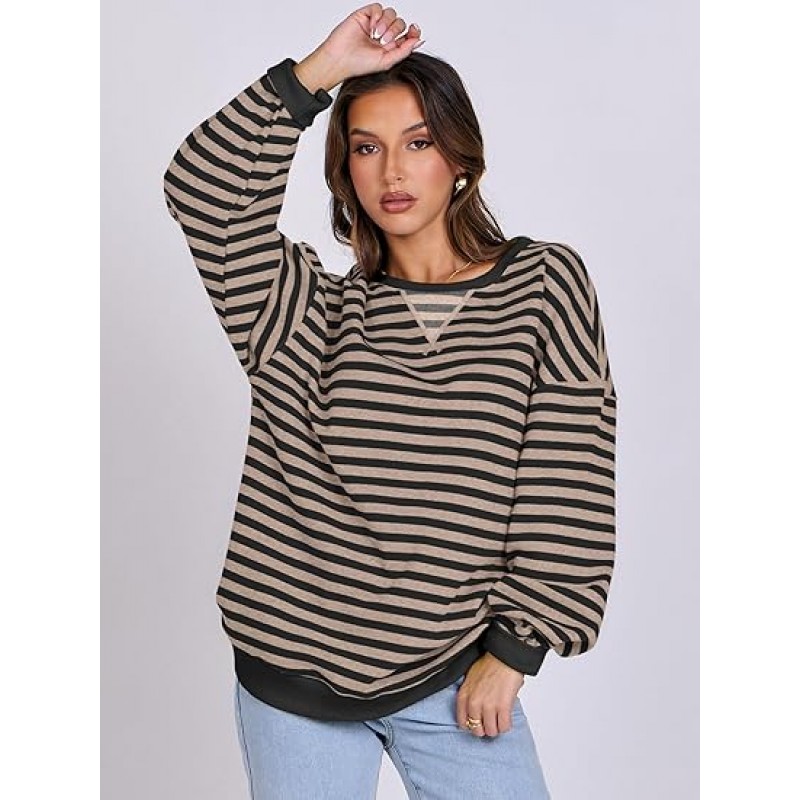 ANRABESS Women Striped Oversized Sweatshirt Long Sleeve Crewneck Hoodies Shirts 2024 Fall Pullover Top Trendy Preppy Clothes