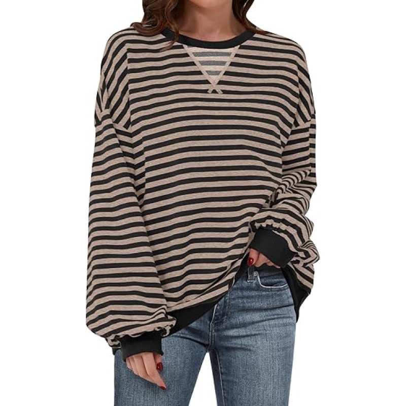 ANRABESS Women Striped Oversized Sweatshirt Long Sleeve Crewneck Hoodies Shirts 2024 Fall Pullover Top Trendy Preppy Clothes